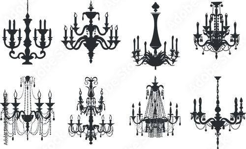 Set of elegant chandelier silhouettes in a vintage style vector illustration.