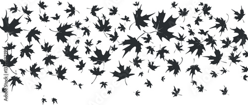 Silhouette pattern of falling maple leaves in black and white.