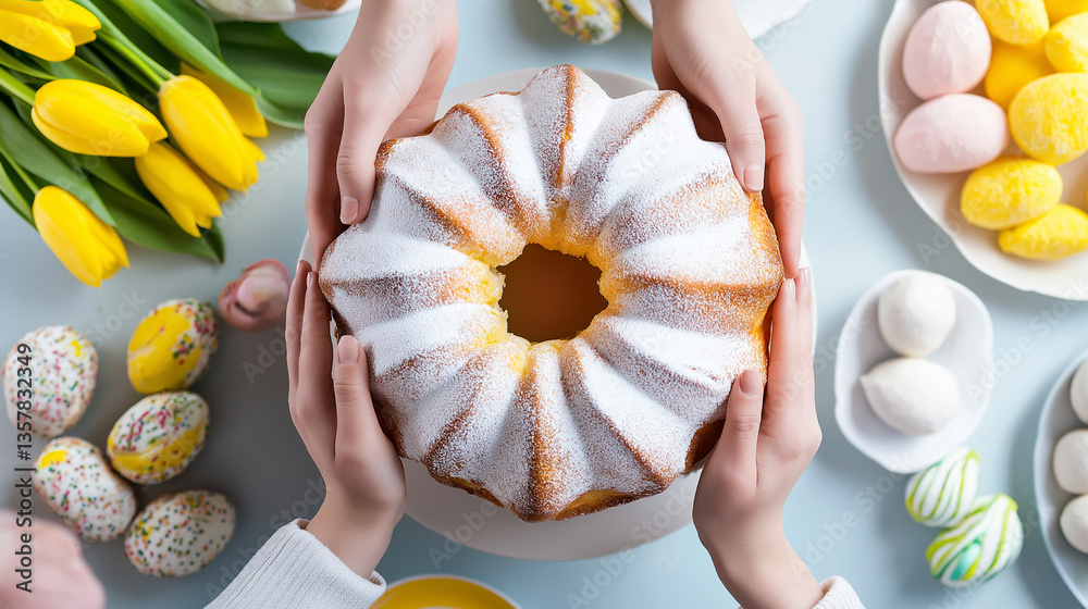 Hands reaching for pieces of a festive Easter cake surrounded by decorated cookies and colorful flowers.
