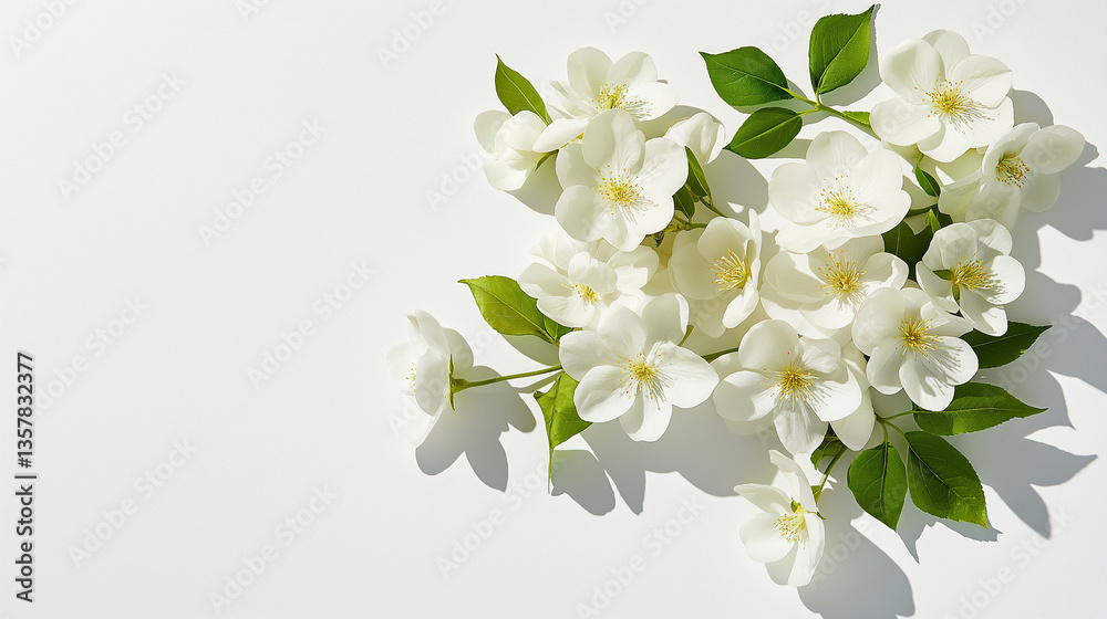 Obraz premium Fresh white jasmine flowers with green leaves on a clean background
