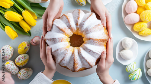 Obraz na płótnie Hands reaching for pieces of a festive Easter cake surrounded by decorated cookies and colorful flowers.
w salonie