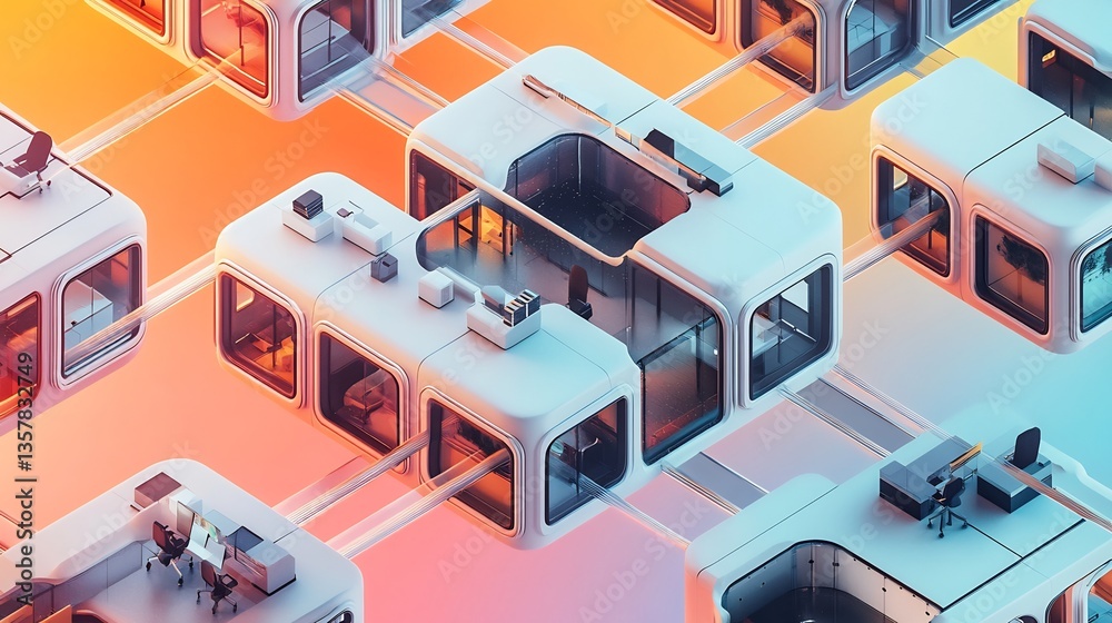 Obraz premium Top down scene of futuristic modular office spaces connected by floating walkways on a colored background