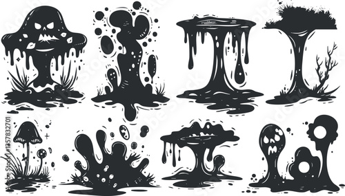 Silhouette illustrations of spooky mushrooms with dripping effects.