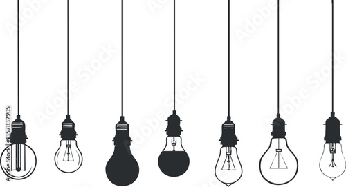 Silhouette illustration of various hanging lightbulbs on white background.