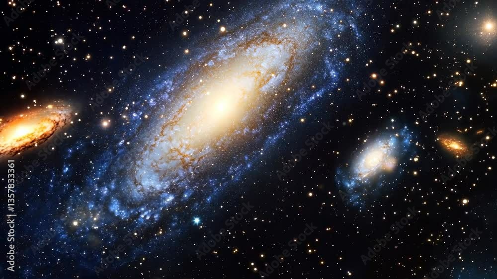 A cosmic video concept showcasing galaxies and stars from a wide-angle perspective, highlighting the vastness and beauty of the universe. Live desktop wallpaper.