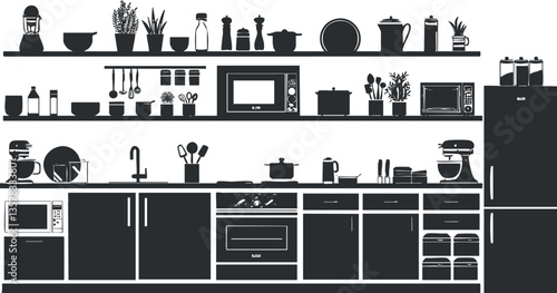 Silhouette of a modern kitchen with appliances and utensils on shelves.