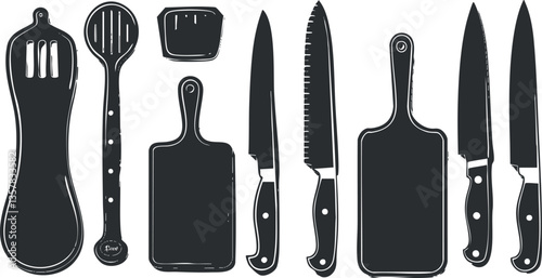 Silhouette of kitchen utensils including knives and cutting boards on white background.