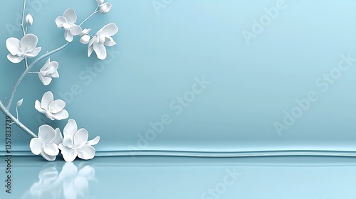 Delicate White Flowers on Soft Blue Background with Smooth Reflection in Minimalist Artistic Style