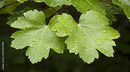 Fresh Green Leaves with Water Droplets on Dark Background, Nature's Beauty Captured in Detail