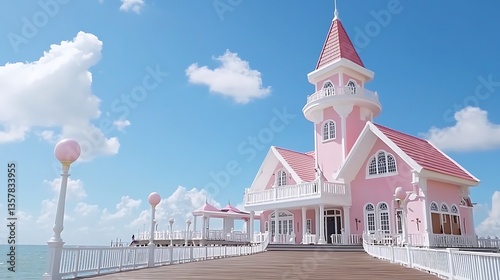 Charming Pink Romantic House Surrounded by Water and Clouds under a Bright Blue Sky