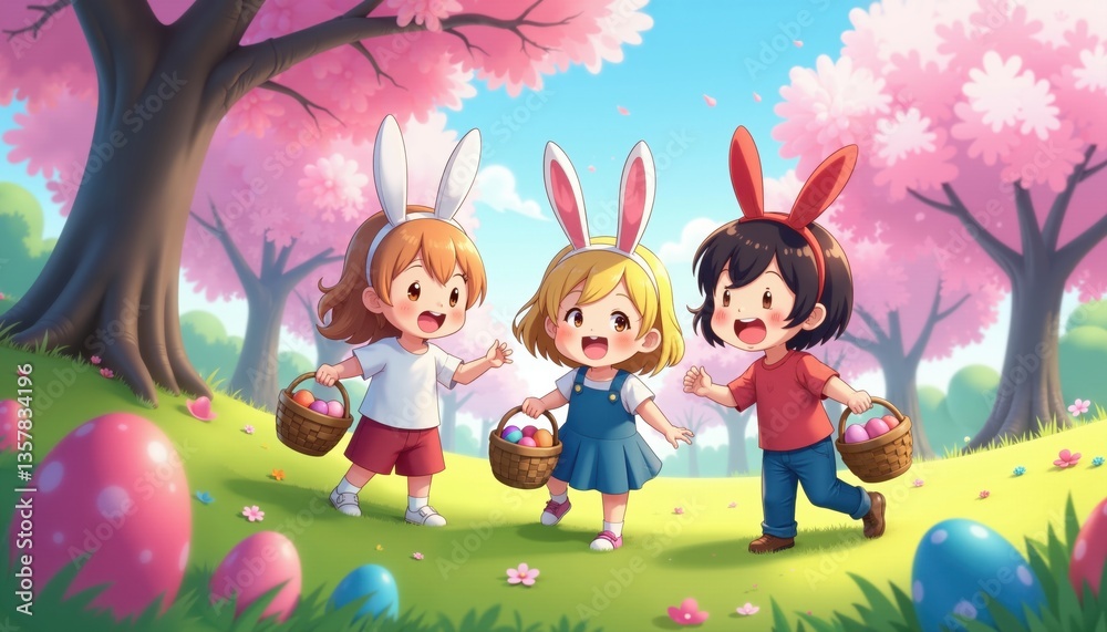 Fototapeta premium Enchanting Easter Forest Scene With Anime Girls And Bunnies