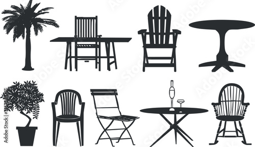 Silhouette of various outdoor furniture pieces and plants in vector format.