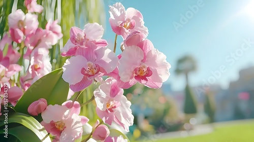 Blooming pink orchids captured in soft sunlight with vibrant greenery in the background of a serene garden