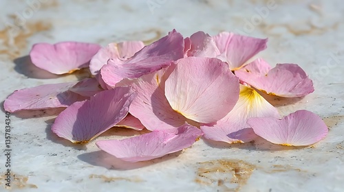 Soft Pink Rose Petals on a Marble Surface for Wedding Decoration and Romantic Atmosphere