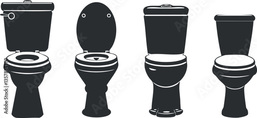 Vector illustration of various toilet designs in black and white.