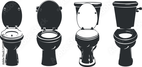 Illustration of four different toilet designs in black and white.