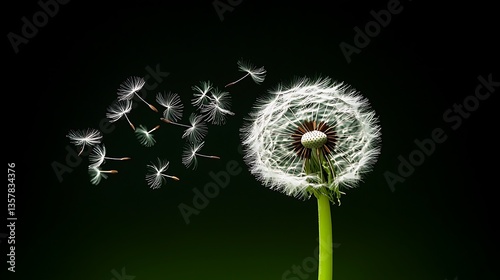 Beautiful close-up of dandelion seeds blowing in the wind against a dark green background