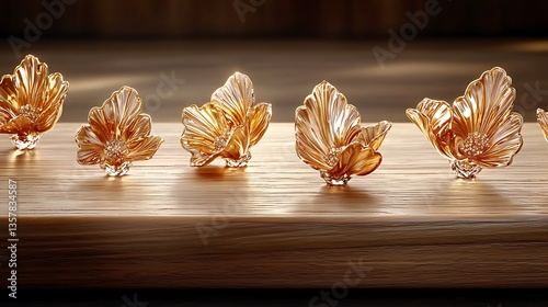 Elegant Glass Flowers Arrangement on Wooden Surface with Unique Shapes and Textures Captured in Soft Light