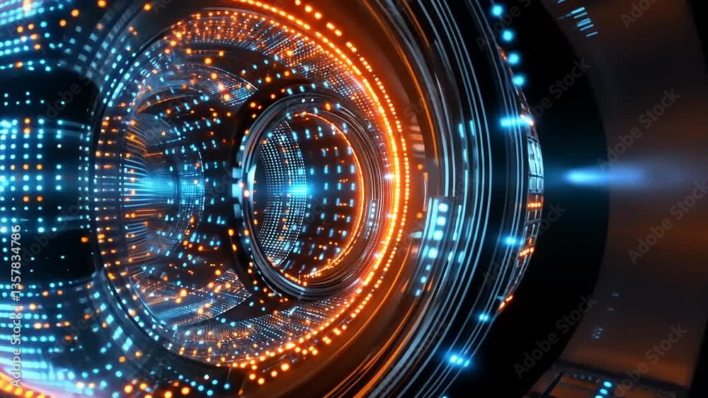 Futuristic close-up of a high-tech camera lens illuminated with vibrant blue and orange lights Futuristic close-up of a high-tech camera lens illuminated with vibrant blue and orange lights