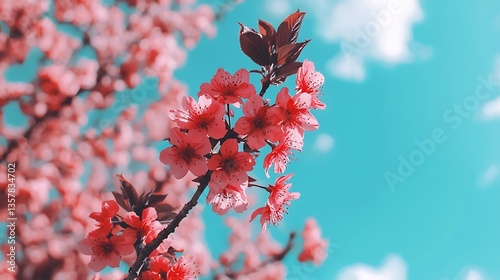 Beautiful Cherry Blossom Flowers Against Clear Blue Sky with Fluffy Clouds in Springtime Atmosphere