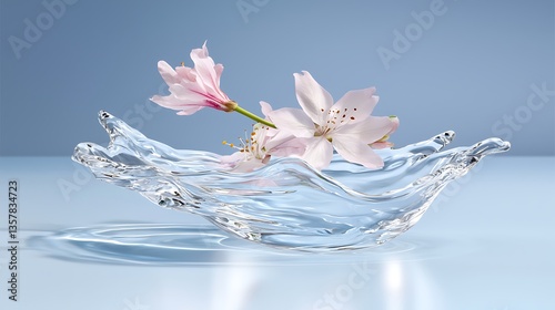 Delicate Cherry Blossom Flowers Floating on Clear Water Waves in Elegant Glass Dish Presentation