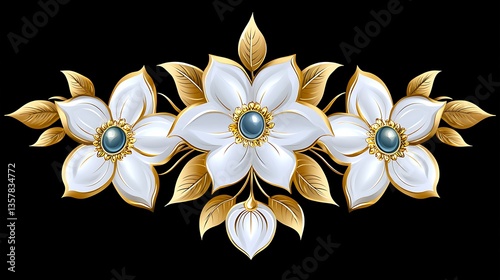 Elegant White Floral Design with Golden Accents and Blue Gems on Black Background for Decorative Purposes