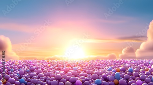 Colorful Horizon with Vibrant Shiny Balls at Sunset in a Dreamlike Landscape