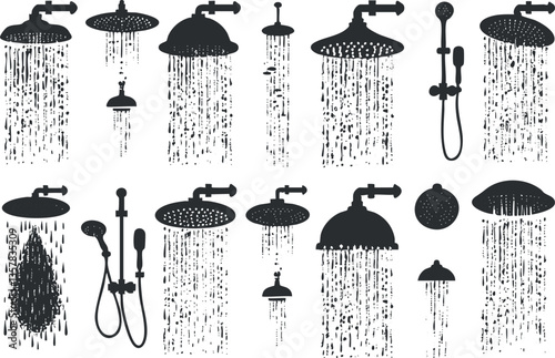 Set of black showerhead silhouettes with water spray on white background.