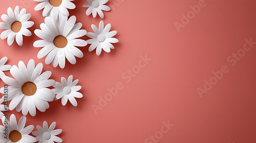 White Daisies on Coral Background Creating a Fresh and Bright Floral Arrangement for Spring Decorations