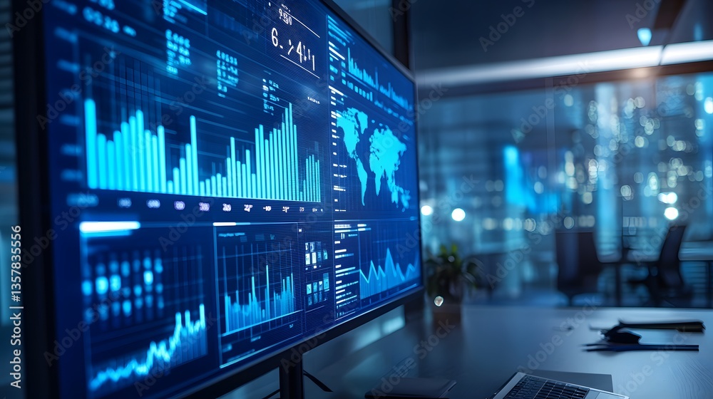 Data-Driven Insight: A computer screen illuminates an office, displaying complex financial data and global market analytics, set against the backdrop of a modern workspace. Data-Driven Insight: A computer screen illuminates an office, displaying complex financial data and global market analytics, set against the backdrop of a modern workspace.