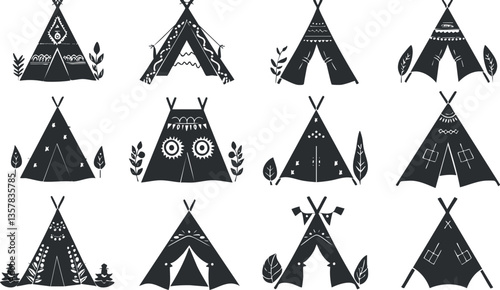 Silhouettes of decorative teepees in tribal style on a white background.