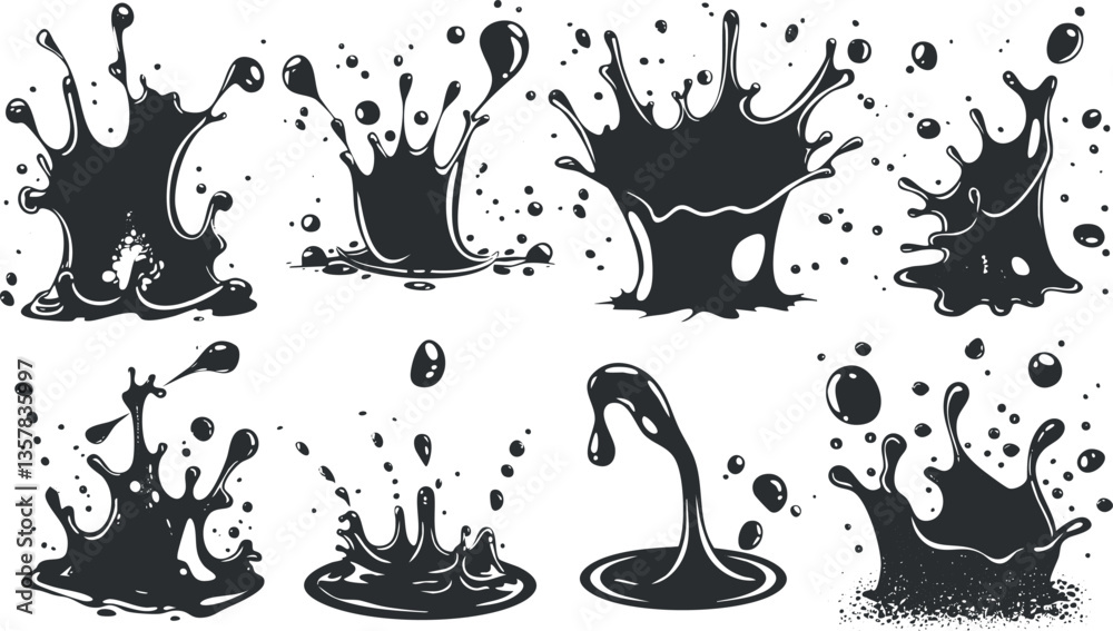 Naklejka premium Black ink splash design elements on a white background.
