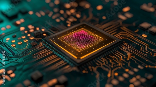 Advanced Microchip on Circuit Board with Complex Patterns and Vibrant Colors for Technology Visuals