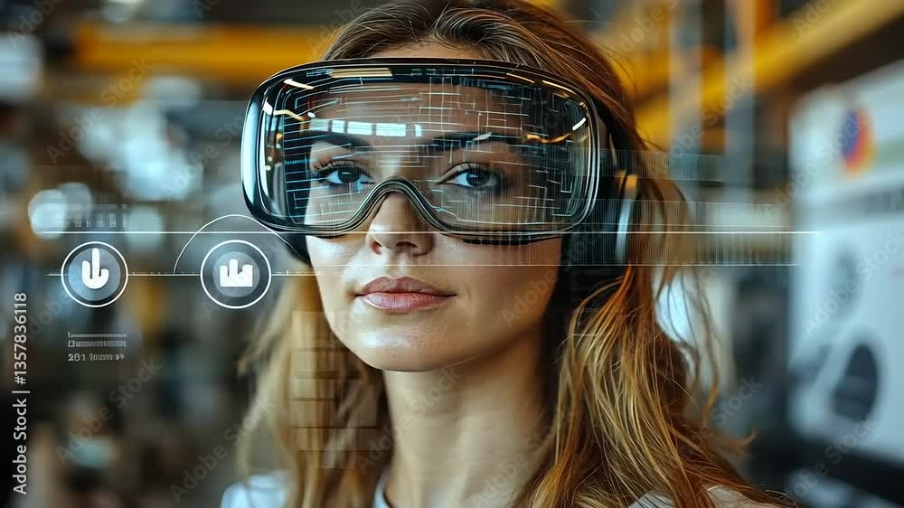 Woman wearing advanced virtual reality goggles in a modern tech environment, immersed in digital interaction Woman wearing advanced virtual reality goggles in a modern tech environment, immersed in digital interaction