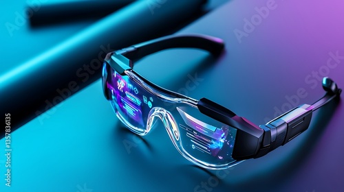 Futuristic Augmented Reality Glasses Displaying Digital Interface on Vibrant Neon Background