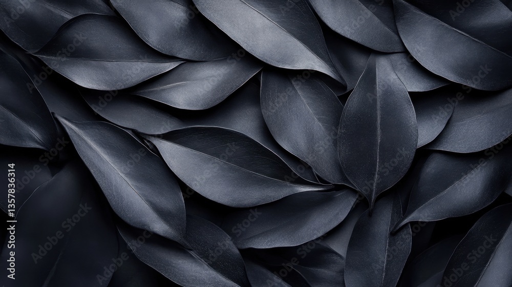 Abstract composition of overlapping dark leaves in monochrome aesthetic
