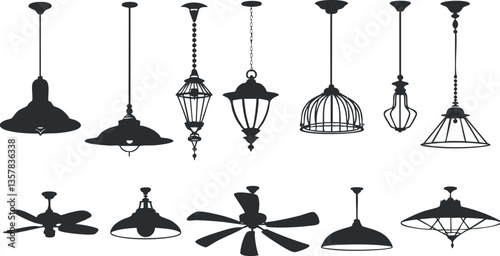 Silhouette of various ceiling lights and fans on a white background.