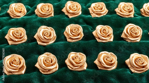 Elegant Golden Rose Decorations on Rich Green Velvet Background for Romantic Occasions and Events