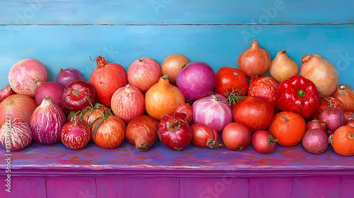 Vibrant Collection of Fresh Fruits and Vegetables in Various Shades of Red and Pink on Colorful Background