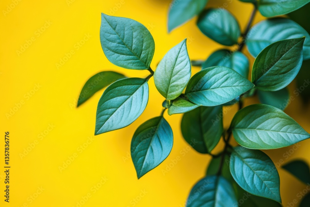 Obraz premium 緑色の葉が映える黄色い背景の上に配置された植物のバランスの取れた構成