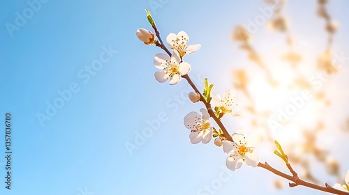 Delicate Cherry Blossom Branch Bathed in Morning Light Against a Clear Blue Sky
