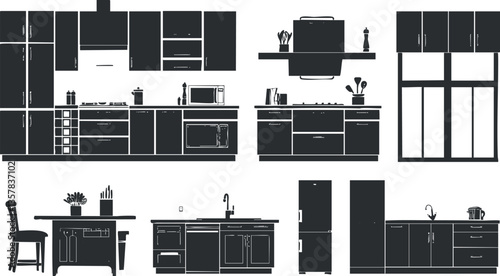 Silhouette illustration of modern kitchen interior with appliances and cabinets.