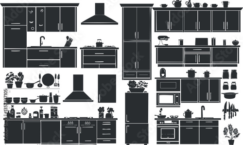 Silhouette illustration of kitchen furniture and appliances layout.