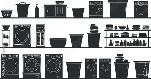 Illustration of laundry room with washing machines, buckets, and shelves.