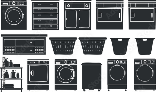 Black and white graphic icons of laundry appliances and accessories.
