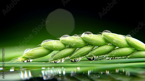 Close-Up of Fresh Green Rice Grain with Dew Drops on Leaf Against a Soft Focus Background