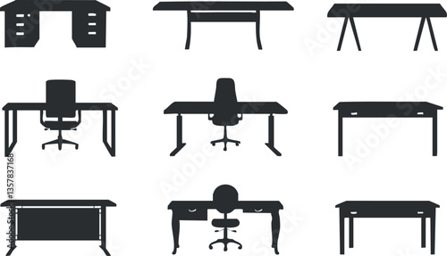 Silhouette illustrations of various office desks and tables.