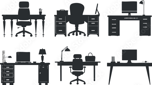 Silhouettes of various office desk and chair setups with computers.