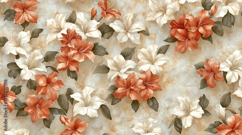 Beautiful Floral Pattern with Vibrant Flowers in Various Shades of Red and Cream on Soft Pastel Background