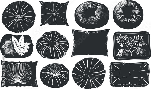 Black and white decorative pillow and cushion illustrations for home design.